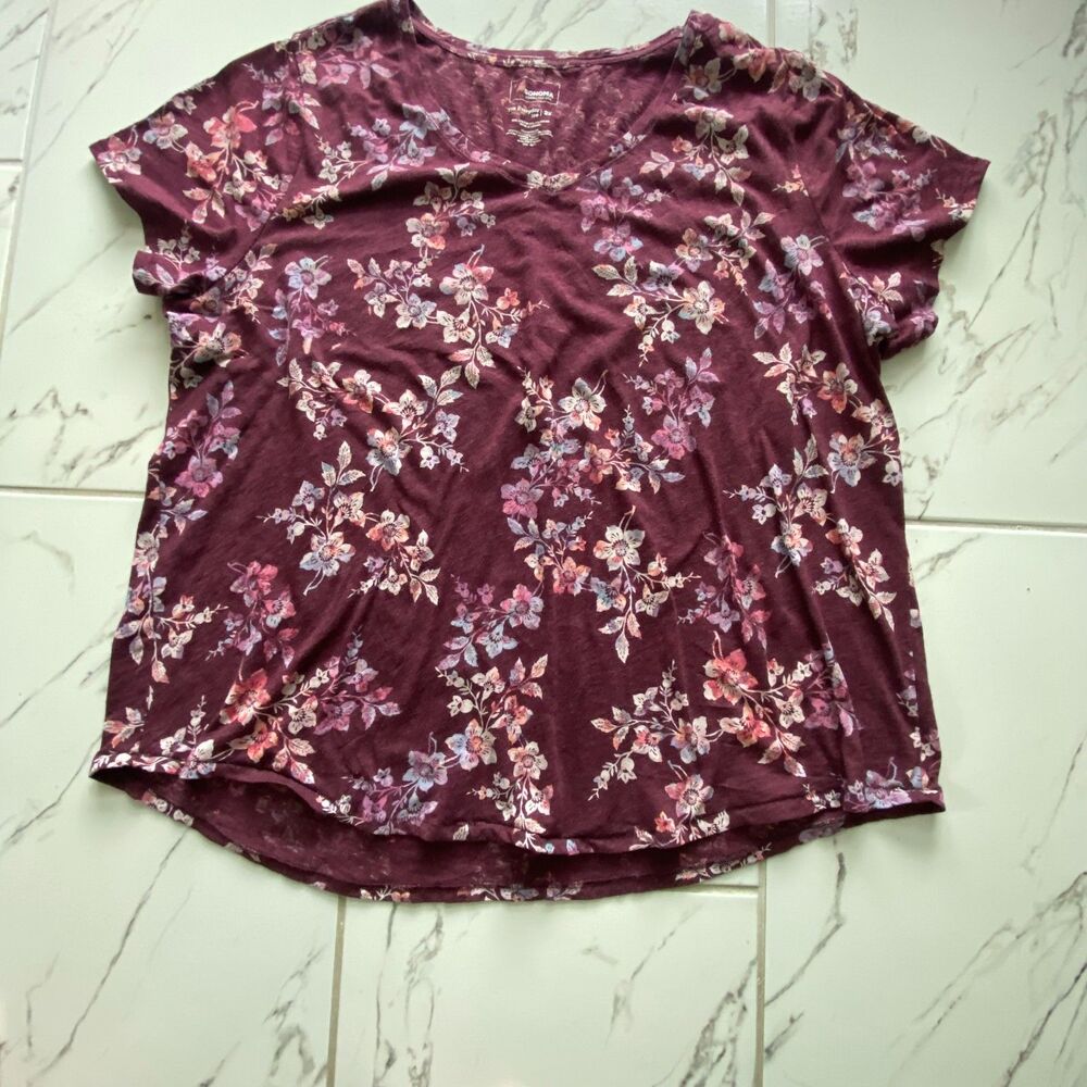 Sonoma Women 2X Burgundy Floral V Neck Everyday Tee Plus Size